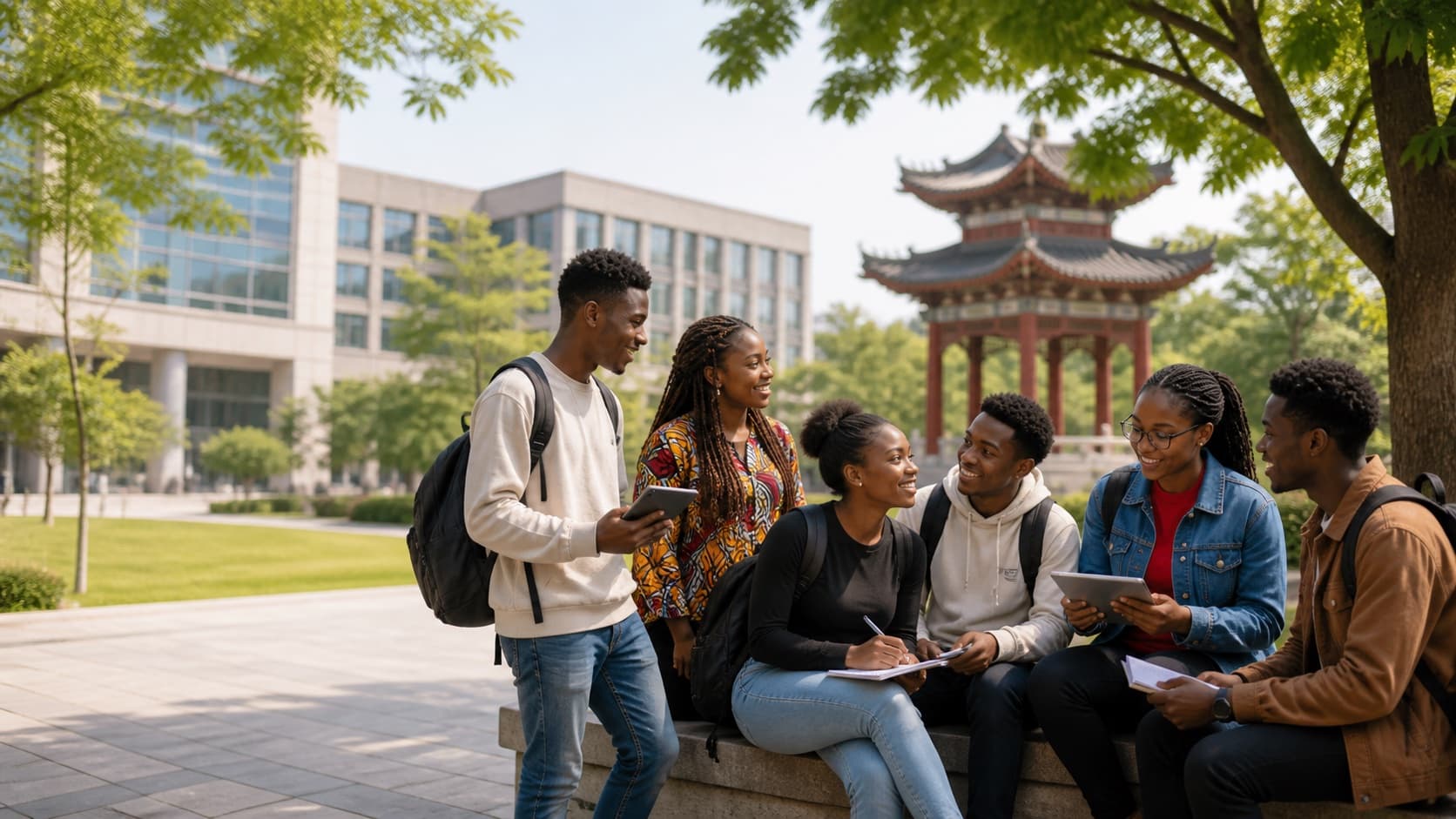 African university students collaborating on a campus in China